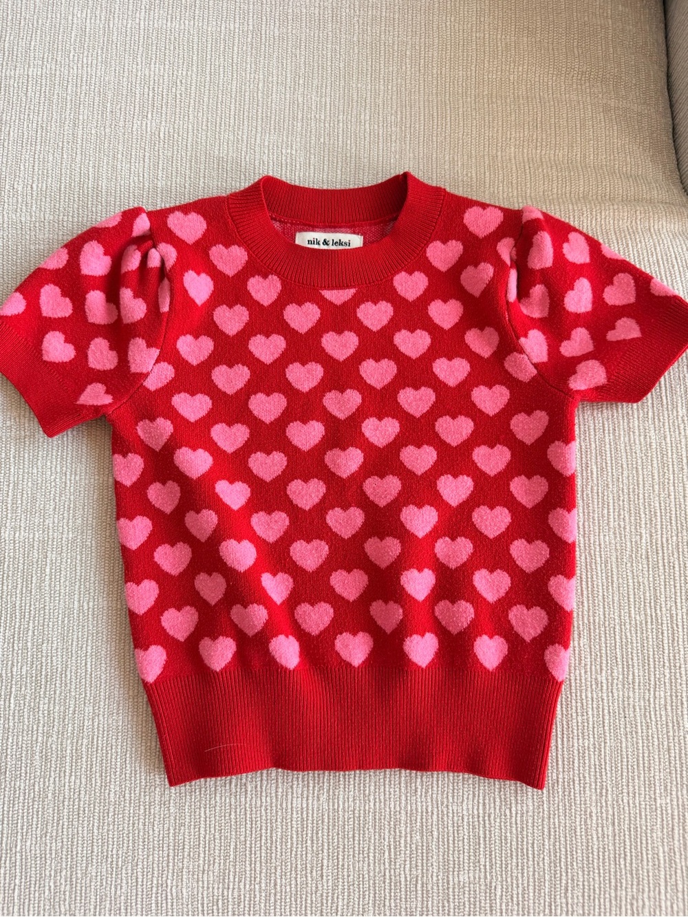 Kids Red Knit short sleeve sweater with Pink Heart Pattern Valentine 7-8y